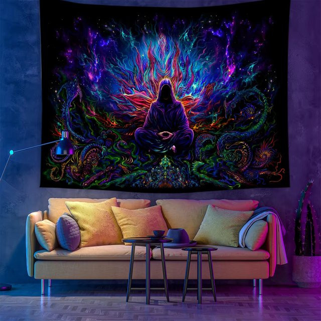 VIKAMA Fantasy Universe Meditation Wandteppich mit Neon Psychedelischen Sternen in Multicolour für dein Wohnzimmer, Schlafzimmer oder Yoga-Zimmer - Bild 1