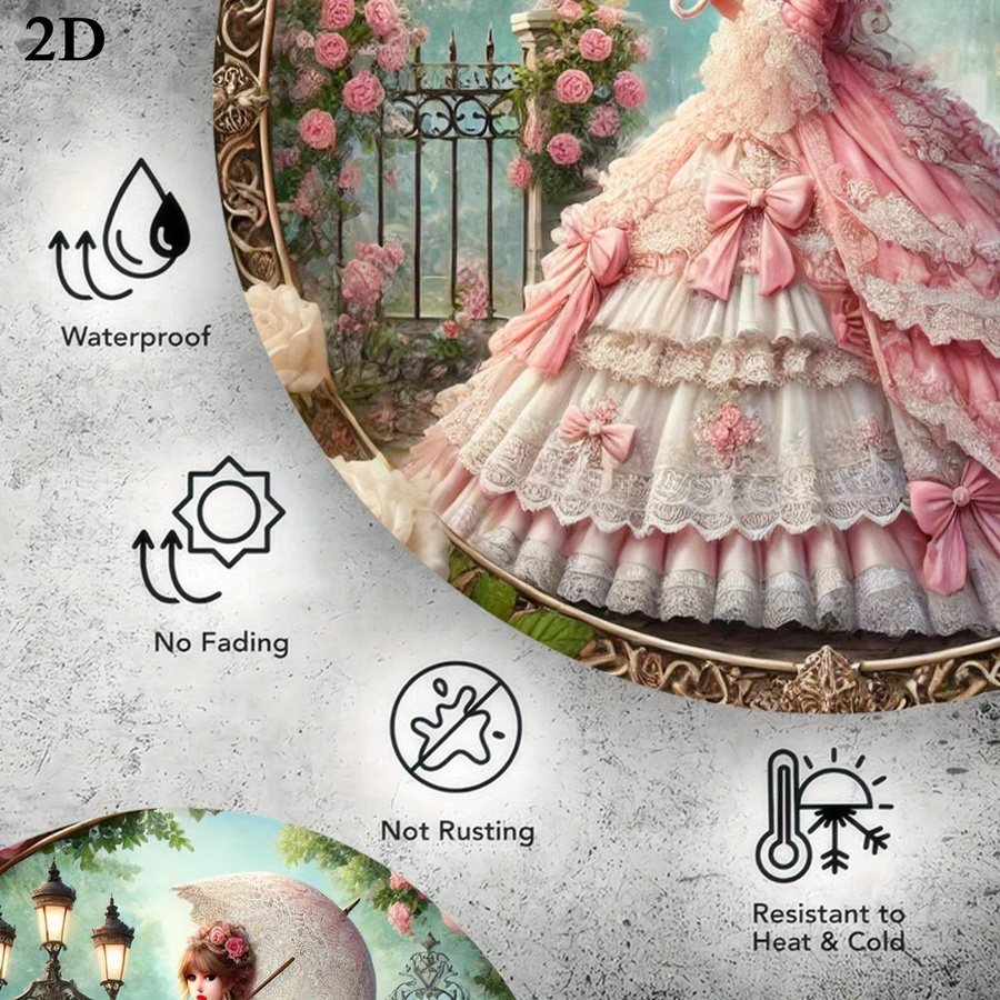 Runde Aluminium-Wandkunst von Potdemiel mit Motiv einer eleganten Frau mit Regenschirm, Metall-Wandschild im Vintage-Stil, Durchmesser: 20,0 cm, Mehrfarbig - Bild 4