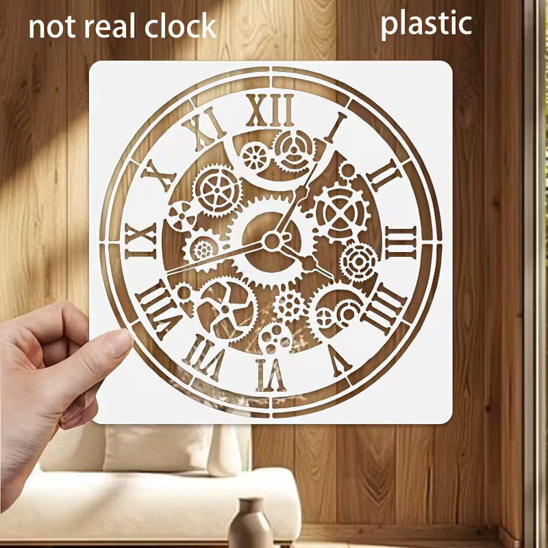 Steampunk Uhr Schablone mit Zahnrädern und römischen Ziffern für DIY Kunst und Handwerk, Weiß, Kunststoff, Durchmesser: 30 cm - Bild 3