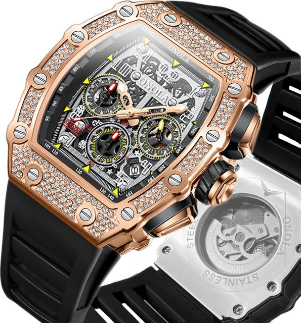 ONOLA Armbanduhr Automatik, Edelstahl, Diamantbesetzt, Schwarz, Herren - Bild 1
