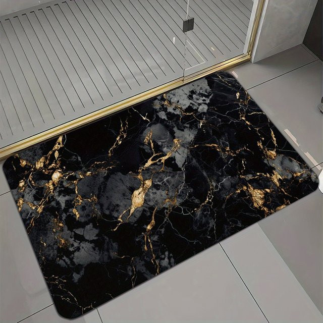 VIKAMA Badezimmermatte in Schwarz-Gold mit Marmor-Design, rutschfeste und saugfähige Badematte in Rechteckform - Bild 1