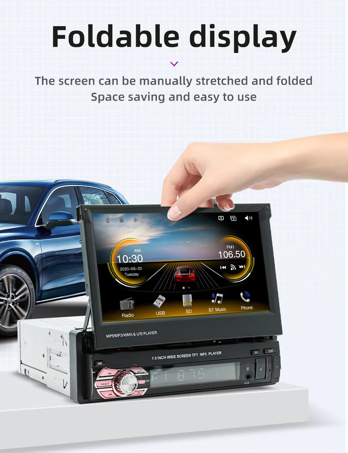 ESSGOO Single DIN 7 Zoll Auto Stereo Radio mit Flip Out HD Touchscreen, CarPlay, Android Auto, Bluetooth, USB und AUX in Schwarz - Bild 3