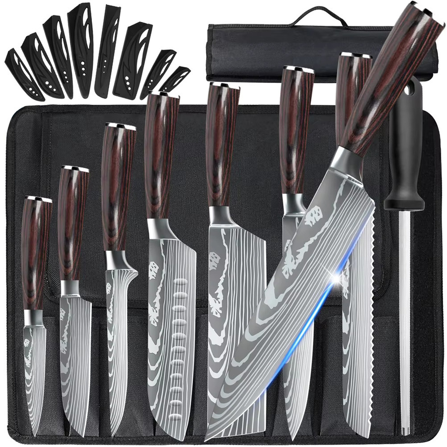 ZENG 8-teiliges Allzweck-Küchenmesserset mit rotem Holzgriff und Lasermuster inklusive Nylontasche, mehrfarbig - Bild 3