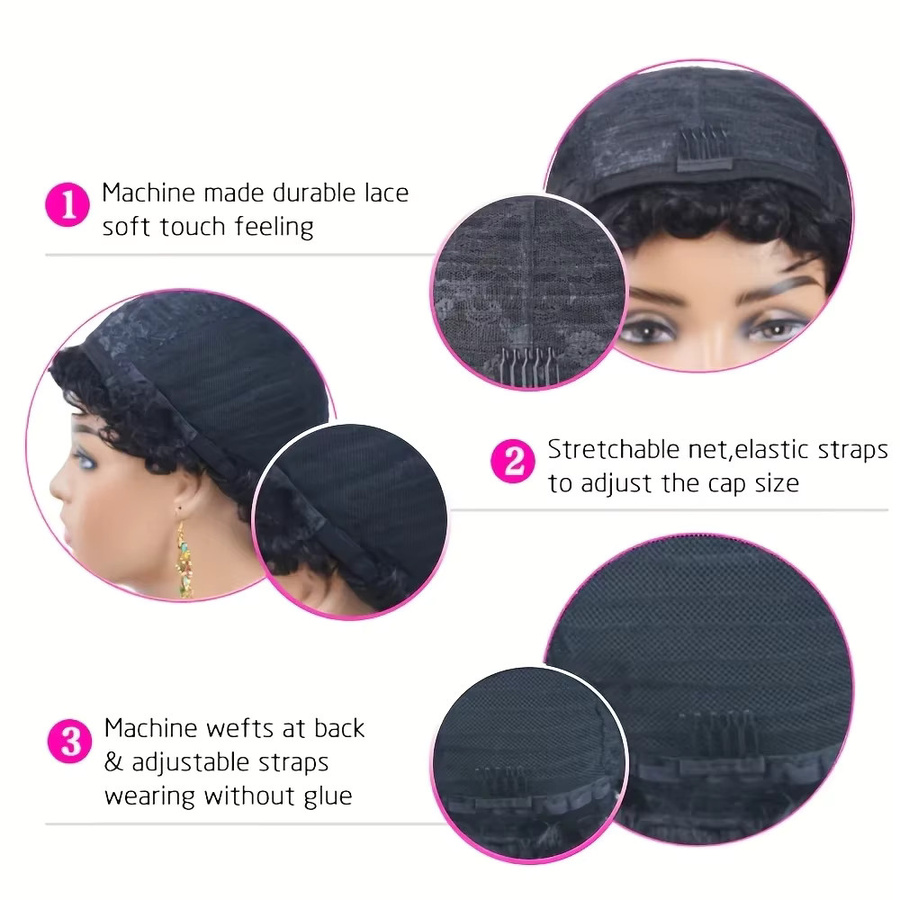 YOUKNOWIG Pixie-Cut-Perücke aus Echthaar, kurz, lockig, schwarz, 210 % Dichte, Damen - Bild 5