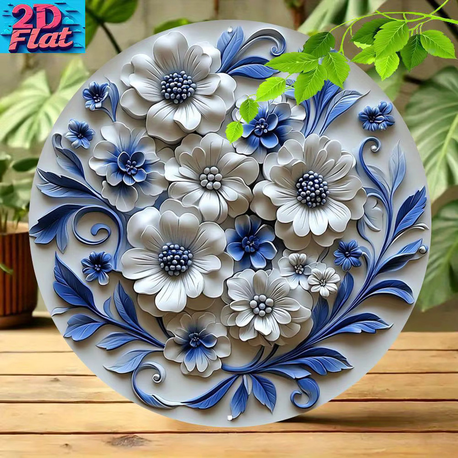 Moderne Metall-Wandkunst von CIFBUY mit blau-weißer Blumen-Dekoration in runder Form - Bild 4