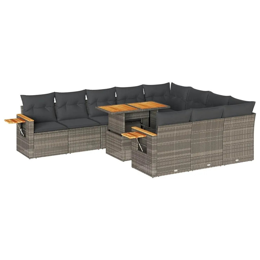 vidaXL 11-tlg Garten-Sofagarnitur in U-Form aus Polyrattan und Akazienholz mit grauen Kissen - Bild 2