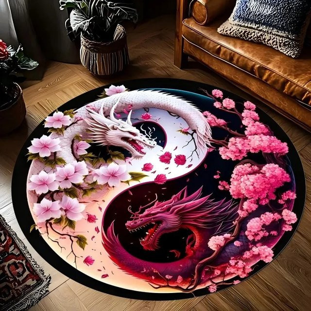 Runder Flanellteppich Dragon Yin Yang im Harmonie-Design, rutschfester Teppich aus Polyester für Wohnzimmer, Schlafzimmer oder Meditationsraum, Mehrfarbig - Bild 1