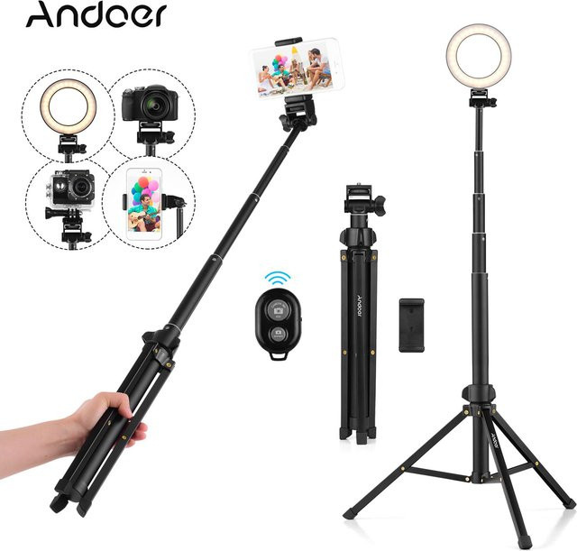 Andoer Stativständer mit ausziehbarem Selfie-Stick aus Aluminiumlegierung, Telefonhalter und Fernauslöser, Schwarz - Bild 1