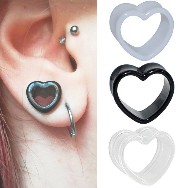 Ohr Plug Tunnel Piercing Acryl, Herz, Weiß & Schwarz - Bild 1