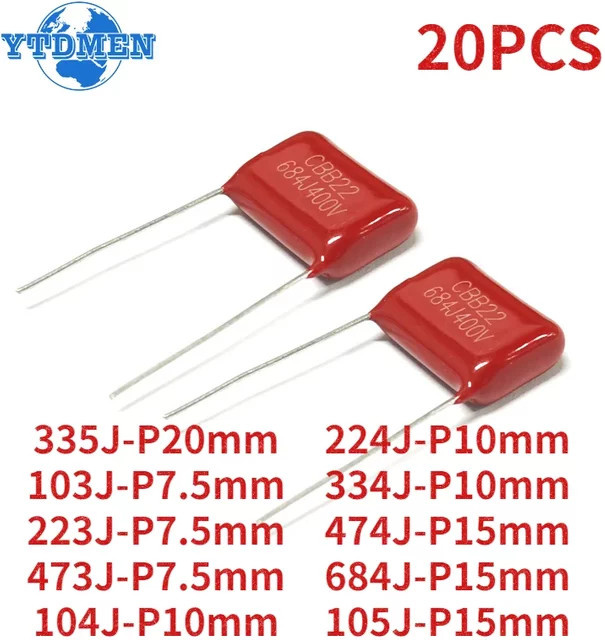 YTDMEN CBB-Kondensator Set 20 Stück, 400 V Polypropylen-Folienkondensatoren, verschiedene Werte, Farbe: Rot - Bild 1