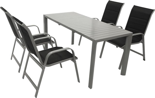 DEGAMO Gartenmöbel Garnitur BAGO 5-teilig aus Aluminium in Silbergrau mit schwarzem Kunstgewebe und ausziehbarem Tisch - Bild 1