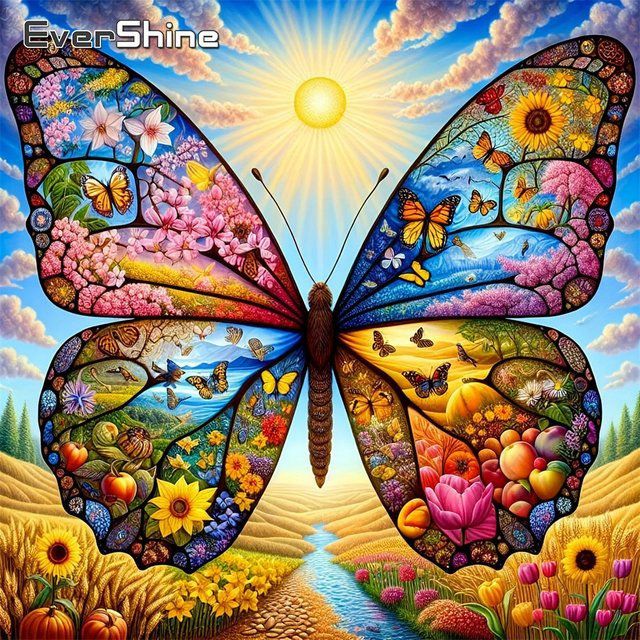 EverShine Diamantmalerei Landschaft mit Sonne und Schmetterling, 5D Mosaik Stickerei Blumenbild in Multicolour, B/H: 20 x 20 cm - Bild 1