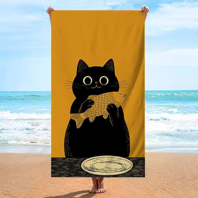 Strandtuch mit künstlerischem Design Schwarze Katze hält Fisch aus weicher Mikrofaser, B: 30 cm, H: 60 cm - Bild 1