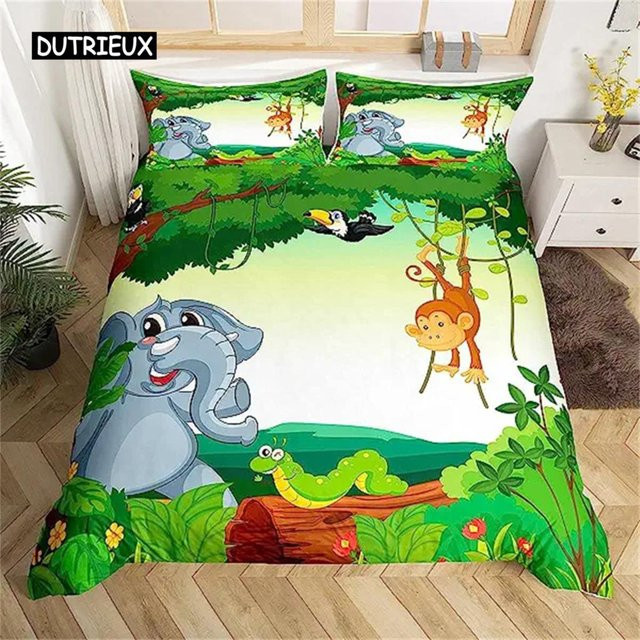 Bettwäscheset mit Affen-Motiv von Binchi Outdoor Product, grün, Wildtier-Cartoon-Design für Kinder und Teenager, B/H: 140 x 210 cm - Bild 1