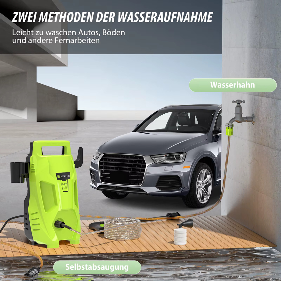 DayPlus Elektrische Hochdruckwaschmaschine in Grün mit 2300W, 2050PSI, 1.6GPM, verstellbarer Düse und Waschmitteltank für Auto, Terrasse und Garten - Bild 2