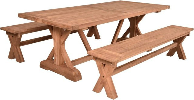 DELUKE Garten-Sitzgruppe NOLAN 3-teilig aus Teakholz in Braun mit Esstisch und Bänken, B/T/H: 150 x 70 x 75 cm - Bild 1