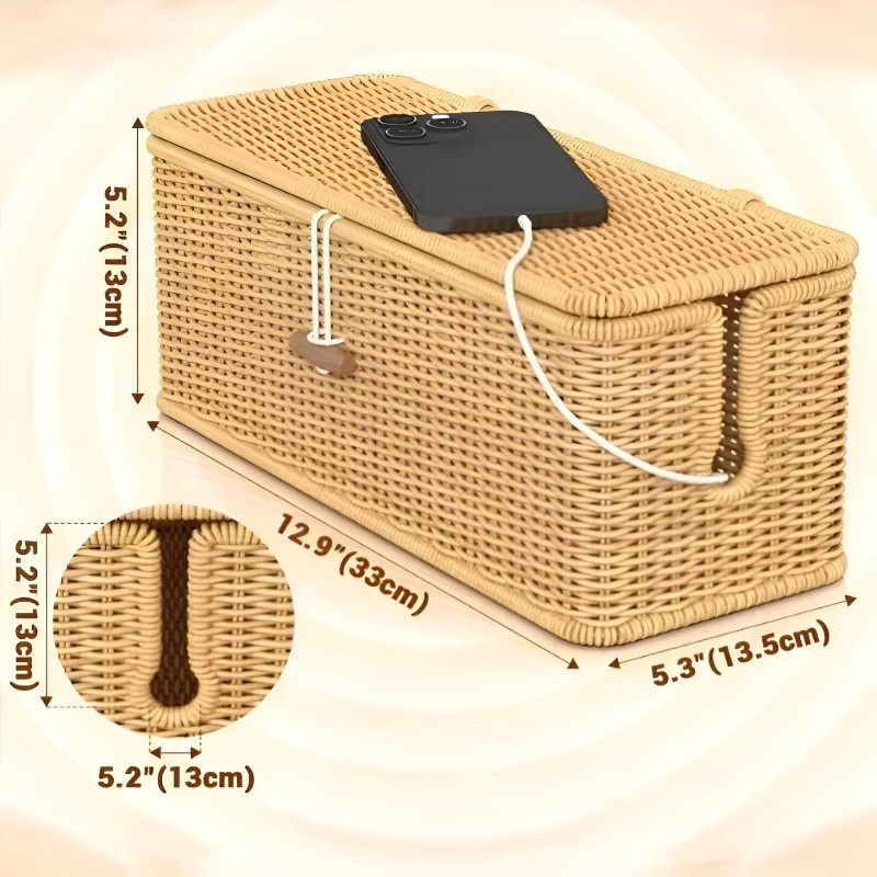 Desktop-Kabelmanagementbox aus Metall mit Rattan-Design in Beige zur Organisation von Steckdosenleisten und Datenkabeln - Bild 4