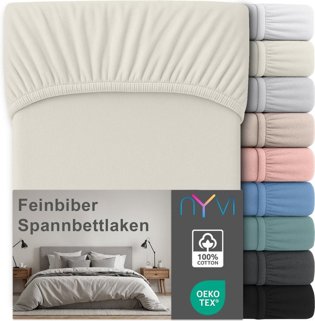 NYVI Feinbiber Spannbettlaken Deluxe aus 100% Baumwolle, Extra Warm & Weich, Bügelfrei, Farbe: Beige, B/T: 90 x 200 cm - Bild 1