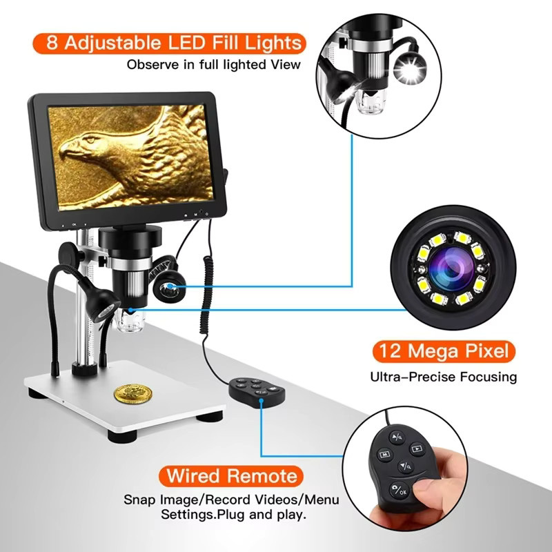 Elikliv DM9 Digitales Mikroskop mit 7 Zoll HD LCD Display, 50X-1200X Vergrößerung, Schwarz, Video Mikroskop Kamera für PCB und Elektronik Löten - Bild 4