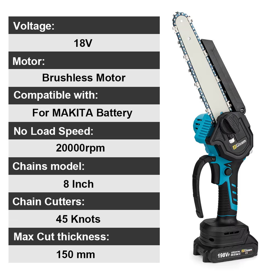GΣ 8 Zoll bürstenlose Einhand-Elektrokettensäge für Makita 18V Akku LXT, Blau - Bild 2