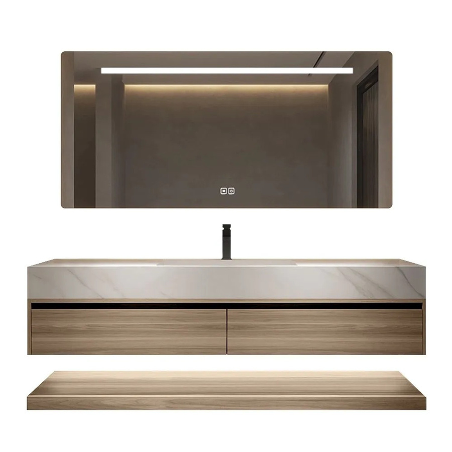 360Home Waschtisch Set mit Sinterstein Arbeitsplatte in Holzmaserung und Spiegel mit LED-Beleuchtung und Anti-Fog-Funktion, Weiß/Beige/Braun, B: 110 cm, T: 55 cm, H: 150 cm - Bild 2
