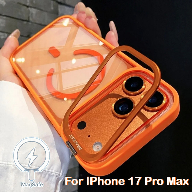Magnetischer Metall-Linsenständer mit kabelloser Aufladung und TPU-Abdeckung für MagSafe iPhone Hüllen in Grau und Orange - Bild 1