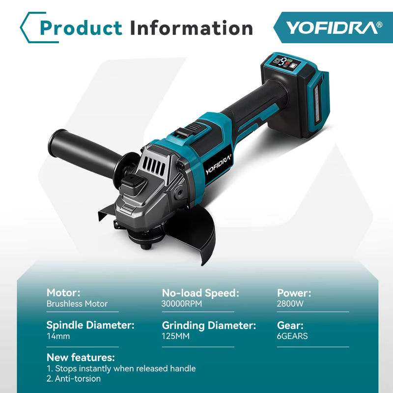 YOFIDRA Bürstenloser kabelloser Winkelschleifer mit 125 mm Scheibendurchmesser und M14 Gewinde, blau, kompatibel mit Makita LXT Akkus - Bild 3
