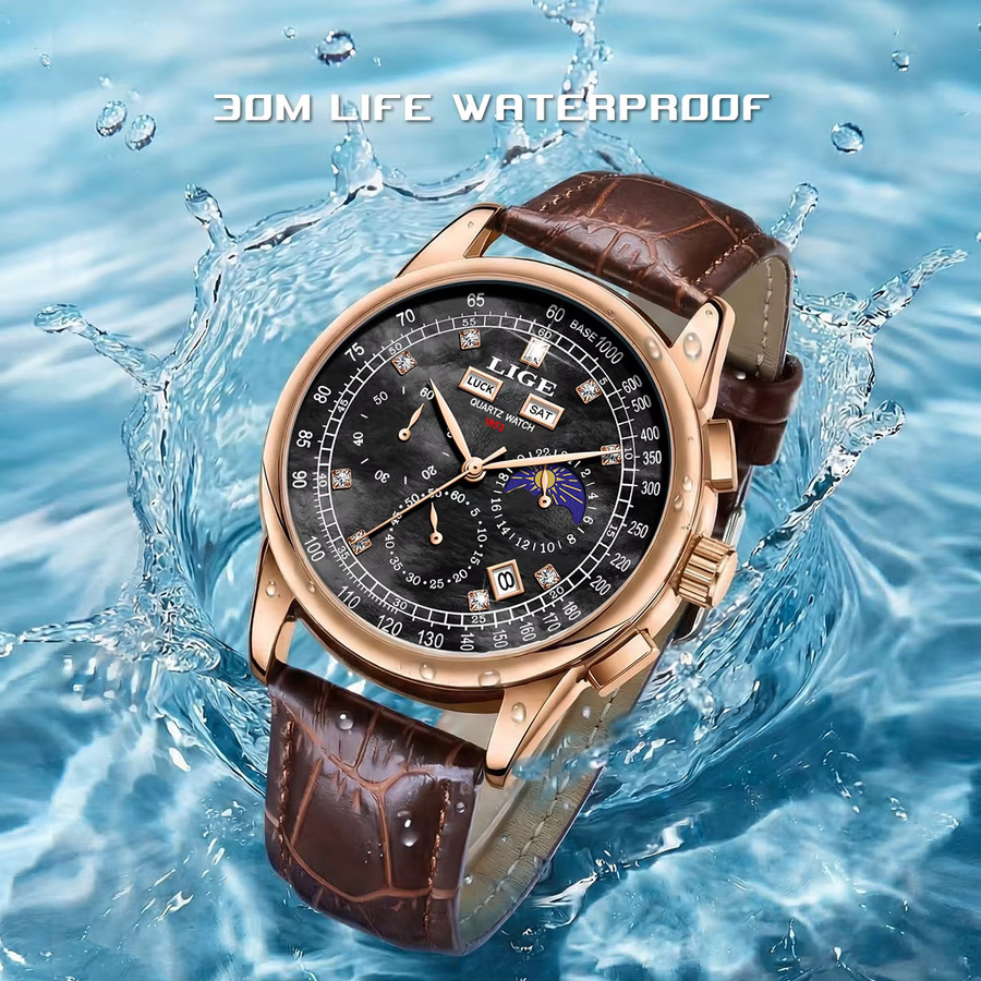LIGE Chronograph, Leder, Quarz, Herren, Schwarz, Roségold - Bild 3
