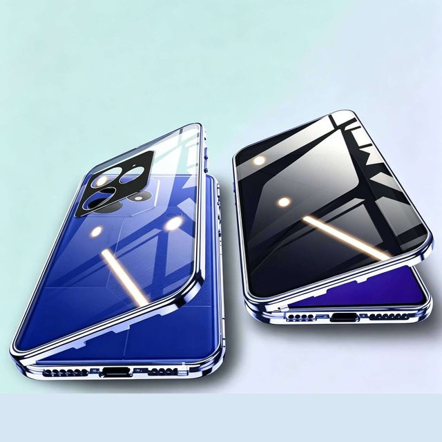 Anti-Peeping Schutzhülle für realme GT6 GT7 Pro Neo6 Neo7 mit beidseitigem gehärtetem Glas und Metallrahmen in Transparent oder Blau - Bild 1