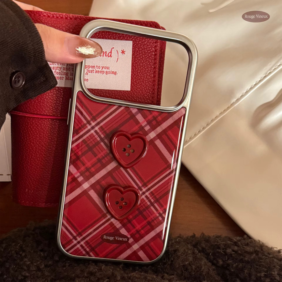 MUQGEW Handyhülle mit Gittermuster und 3D-Liebes-Herz-Knopf für iPhone 17 16 15 14 13 12 Pro Max, stoßfeste Hartschale in Rot mit silberfarbener Kantenbeschichtung - Bild 2