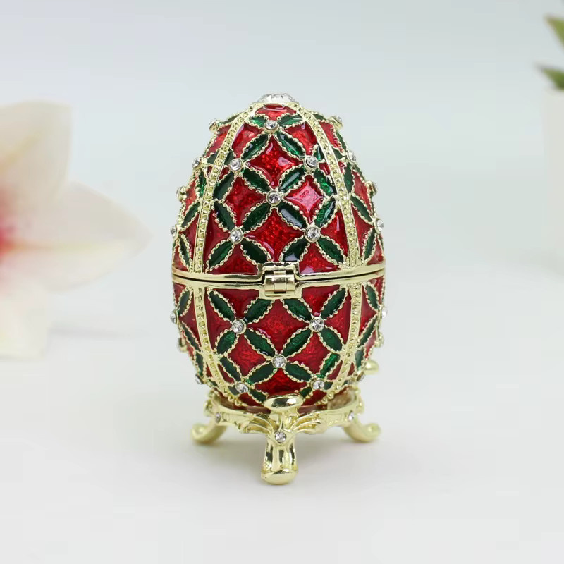 SHINNYGIFTS Schmuckschatulle in Faberge-Ei-Stil mit handbemaltem Emaille und floralem Kleeblatt-Muster, Farbe: Rot - Bild 1
