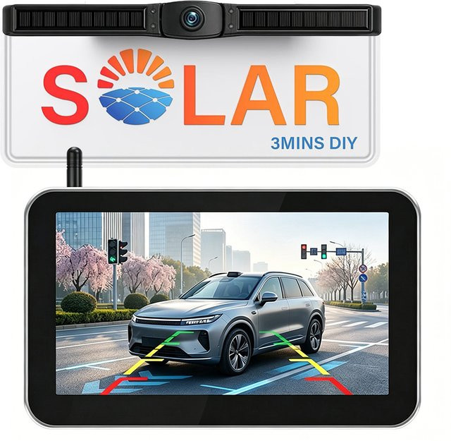 SAMFIWI Solarbetriebene drahtlose Rückfahrkamera mit 7-Zoll-HD-Monitor und WLAN, wasserdicht mit Nachtsicht, Schwarz, für LKW und Transporter - Bild 1