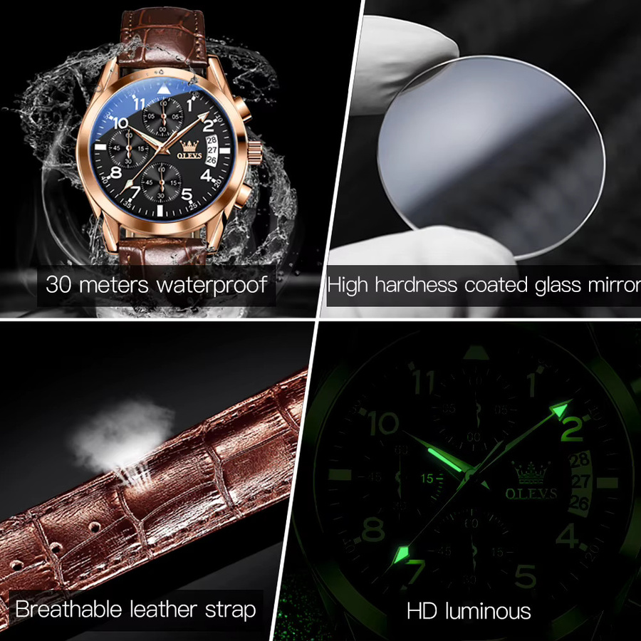 OLEVS Chronograph, Quarzuhr, Lederarmband, Schwarz, Braun, Herren - Bild 6