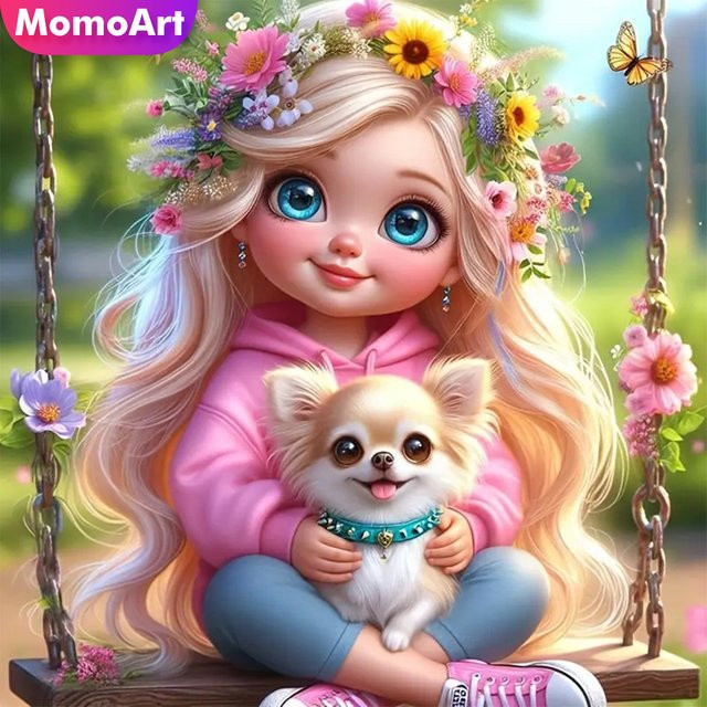 Momoart Diamantstickerei Mädchen mit Hund als Cartoon Mosaik Bild in Multicolour, B/H: 30 x 30 cm - Bild 1