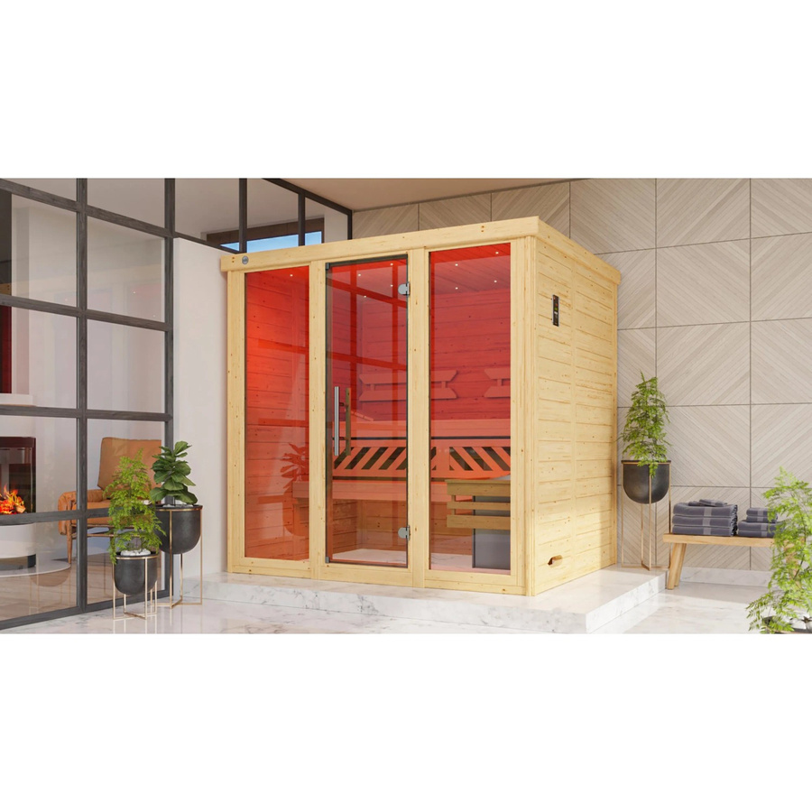 Weka Massivholzelementsauna Kemi Panorama in Anthrazit und Braun mit 7,5 kW Heizung, Glasfenster und Glastür - Bild 2