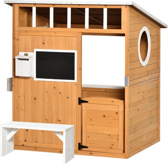 Outsunny Holzspielhaus für Kinder aus Tannenholz mit Fenster, Briefkasten und Blumentopfrack, Natur, H x B x T: 135,5 x 122 x 108 cm - Bild 1