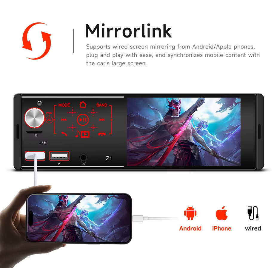 BQCC 1DIN MP5 Auto-Player mit Bluetooth, Apple CarPlay, Android Auto, USB und SD-Karten-Unterstützung, 4,1 Zoll, Schwarz - Bild 3