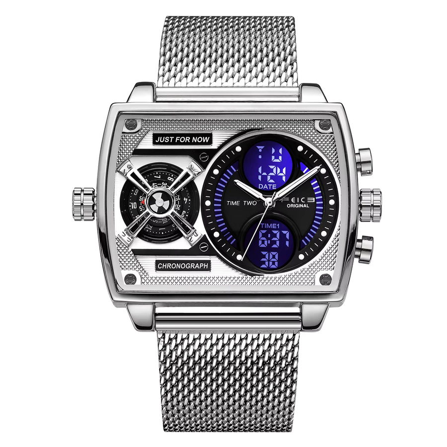FEICE Armbanduhr, Herren, Quarz, eckig, Edelstahl, Schwarz, Doppelte Zeitzone - Bild 7