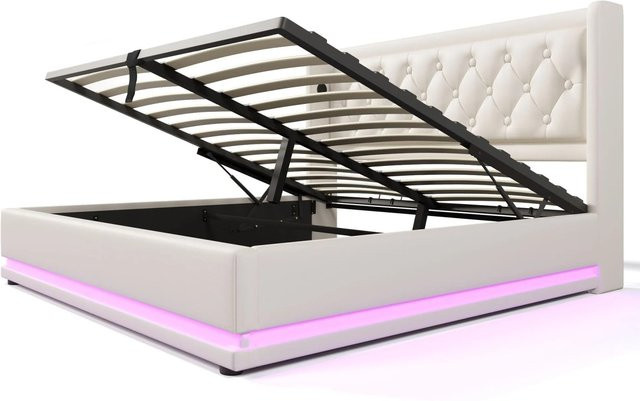 Merax Polsterbett mit Hydraulik, USB-C Ladestation und LED-Unterbettbeleuchtung, Farbe Weiß, B/T: 180 x 200 cm - Bild 1