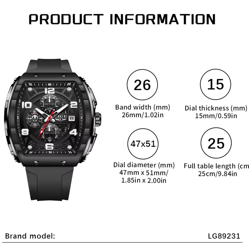 LIGE Chronograph, Quarz, Silikon, Schwarz, Herren - Bild 4