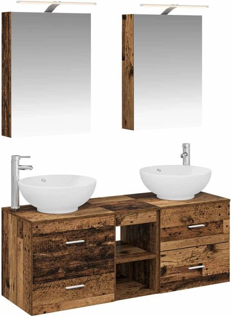 vidaXL Badezimmermöbel-Set 5-teilig aus Altholz und Glas in Braun mit LED-Beleuchtung und Spiegelschrank - Bild 1