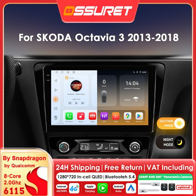OSSURET 10,1 Zoll Android 14 Autoradio für SKODA Octavia 3 (2013 - 2018) mit Snapdragon 6115, AI CarPlay, GPS und 360 Grad Kamera, Schwarz - Bild 1