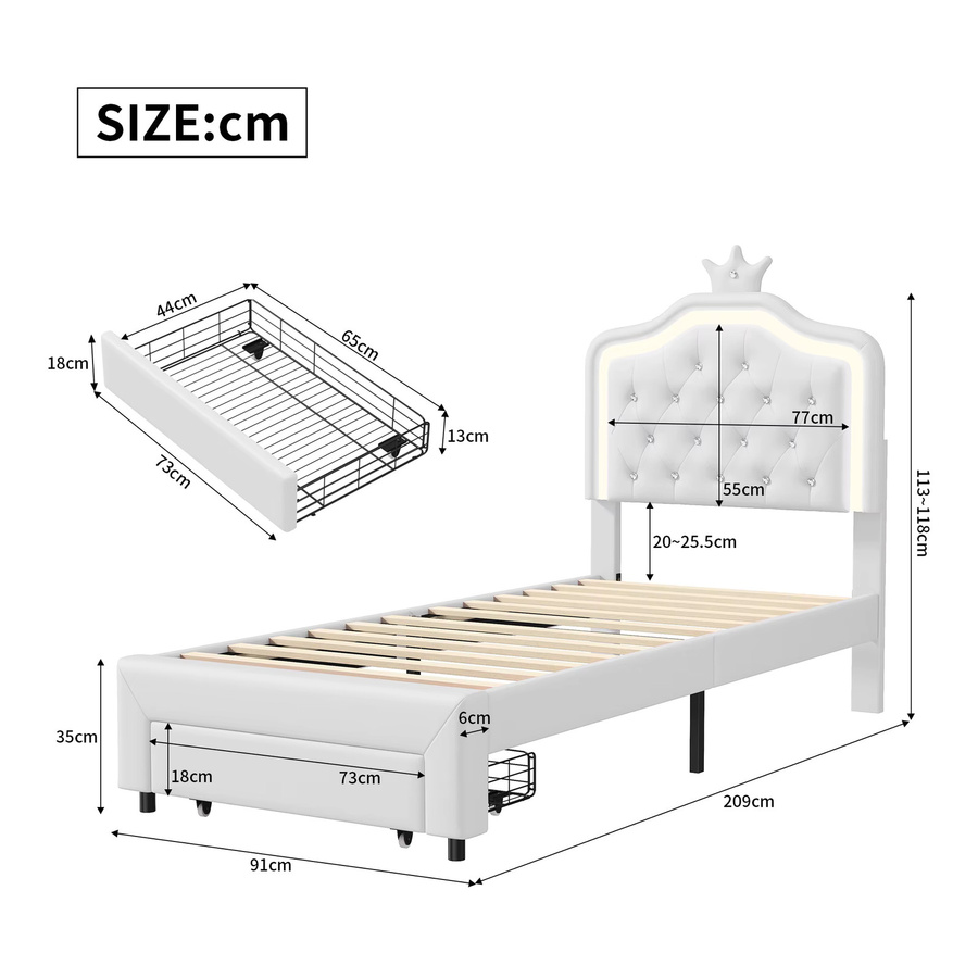 Rosahqnda Kinderbett mit Prinzessinnen-Kronen-Design, Einzelbett mit LED-Kopfteil und Schublade, Farbe: Weiß, B/T/H: 140 x 200 cm - Bild 3