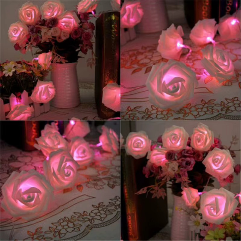 Batteriebetriebene LED-Lichterkette mit rosa Rosen und Blumen in Warmweiß für Dekorationen zu Hochzeit, Party oder Valentinstag - Bild 2