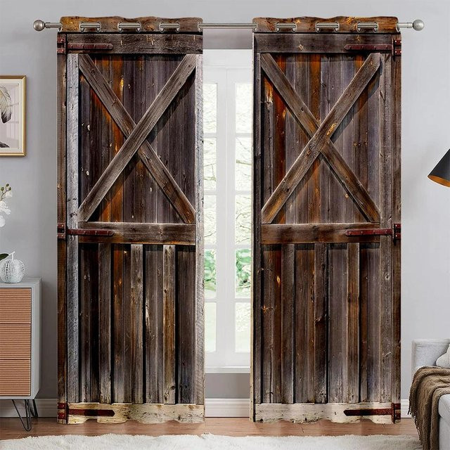 Yiran Furniture Dekorative Fenstervorhänge im Retro Holztür-Design mit 3D-Druck, halbtransparent, Braun, B: 135 cm, H: 165 cm - Bild 1