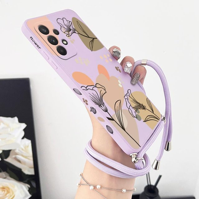 Silikon Handytasche mit Blumen-Design und Crossbody Lanyard für Samsung Galaxy A54 A53 A52 A52S A34 A24 A73 A04S A04E A03 in Grün - Bild 1