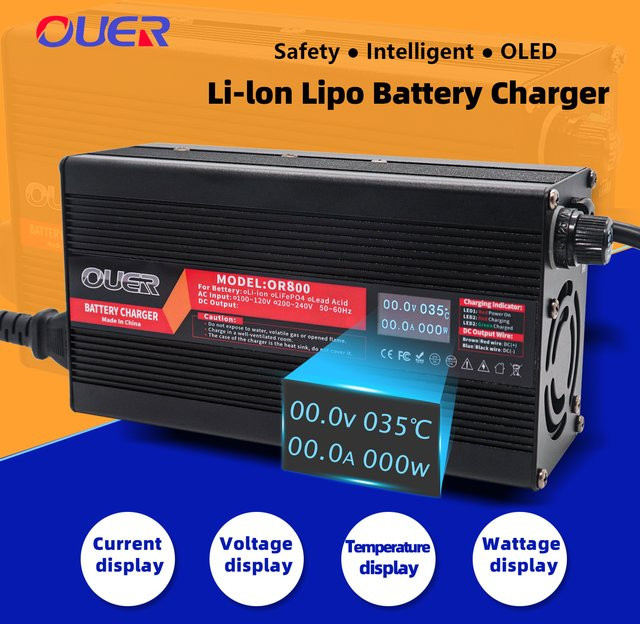 OUER Intelligentes Schnellladegerät mit OLED-Display für 17S 62,9 V Lithium-Ionen-Akkus, Schwarz - Bild 1