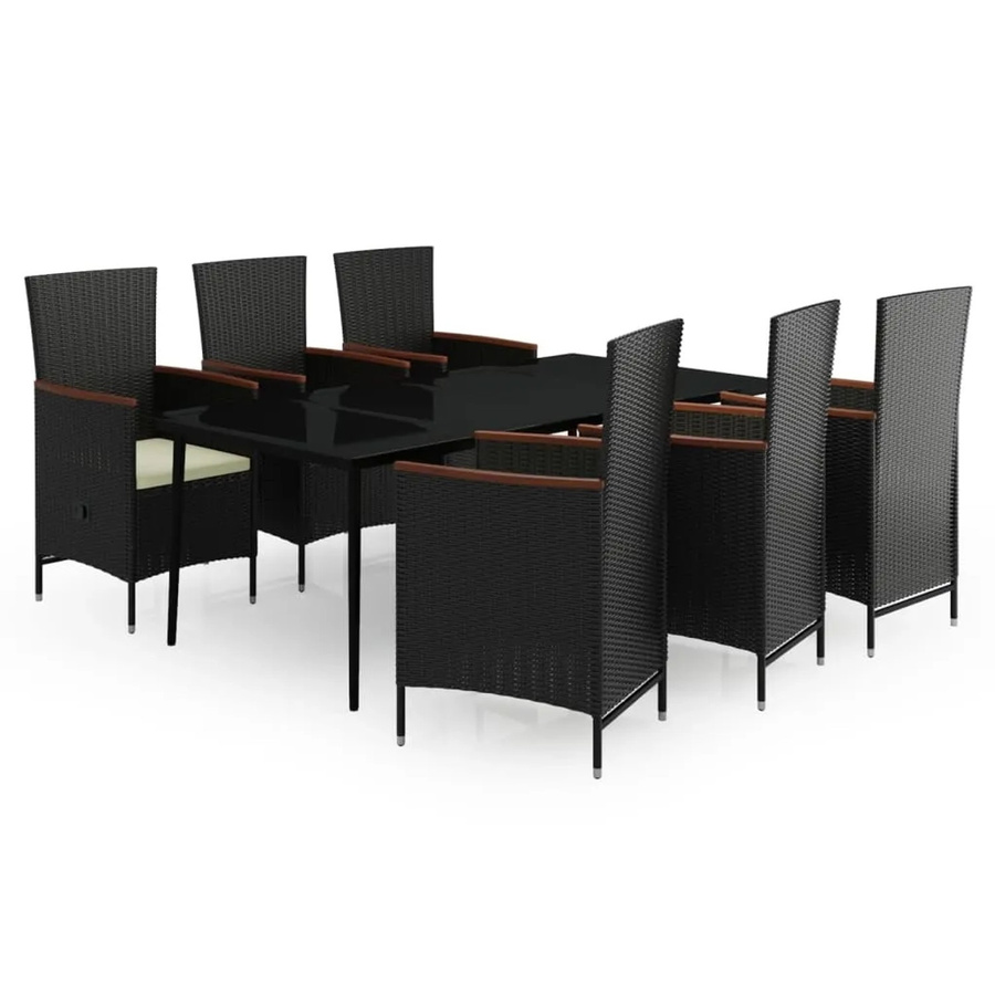 vidaXL 7-teilige Garten-Essgruppe aus PE-Rattan und Akazienholz in Schwarz mit Glasplatte und Kissen - Bild 2