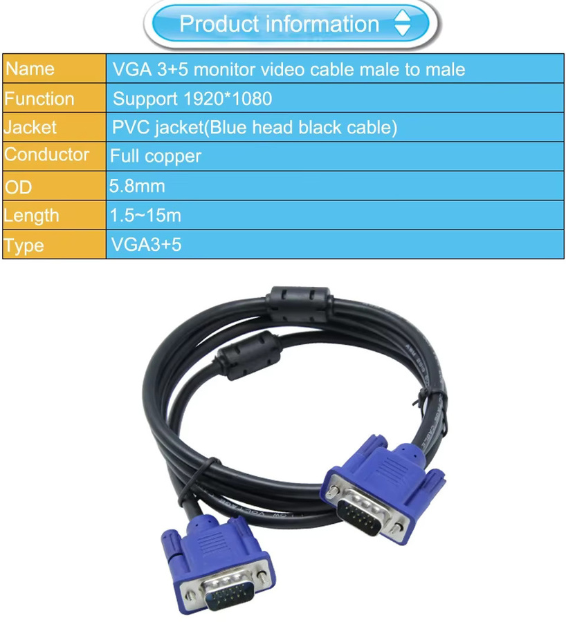 Jiansu VGA-zu-VGA-Kabel in Schwarz mit 15-poligem Stecker auf Stecker für Computer, Monitor und Projektor - Bild 5