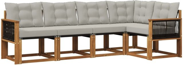 vidaXL Outdoor-Sofagarnitur in L-Form aus massivem Akazienholz und Textilene mit 5 Kissen in Braun und Grau - Bild 1